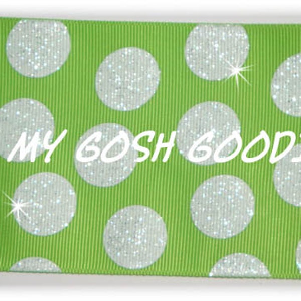 CHEER GLITTER DOTS Lime White Grosgrain Ribbon 2 1/4", 3"  - 5 Yards - Oh My Gosh Goodies Ribbon