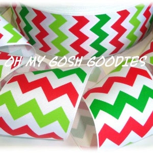 5 Yard or 25 Yard Roll Sale - WHITE RED Lime GREEN Chevron Grosgrain Ribbon 7/8&quot; - Oh My Gosh Goodies Ribbon