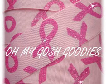 Twinkle Glitter BREAST CANCER AWARENESS Pink grosgrain ribbon - 7/8",  2 1/4" - 5 Yards - Oh My Gosh Goodies Ribbon
