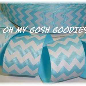 アクア ホワイト シェブロン グログランリボン - 7/8&quot;、1.5&quot;、2 1/4&quot;、3&quot; 幅 - 5 ヤード - Oh My Gosh Goodies Ribbon