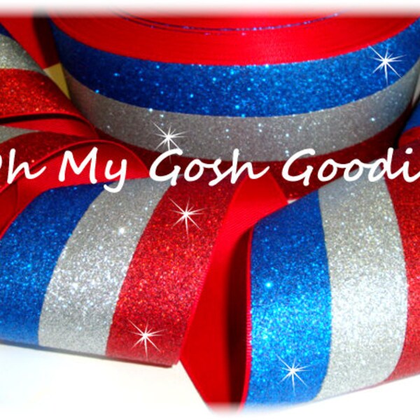 One of a Kind - SUPER SPARKLE Red Silver Royal STRIPE Glitter Cheer Tick Tock Grosgrain Ribbon - 3" - 1 1/2 Yards - Oh My Gosh Goodies