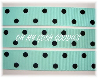 5 Yard or 25 Yard Roll Sale - AQUA BLACK POLKA Dots Grosgrain Ribbon 7/8" - Oh My Gosh Goodies Ribbon