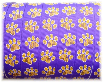 5 Yards or 25 Yards - TIGER PAWS PURPLE Yellow Gold grosgrain ribbon -  7/8&quot; - Oh My Gosh Goodies Ribbon
