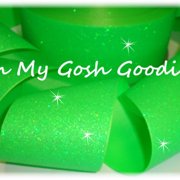 One of a Kind - SUPER SPARKLE NEON Lime Glitter Cheer Tick Tock Grosgrain Ribbon Hairbow Supplies - 3" Width 4 Yards - Oh My Gosh Goodies
