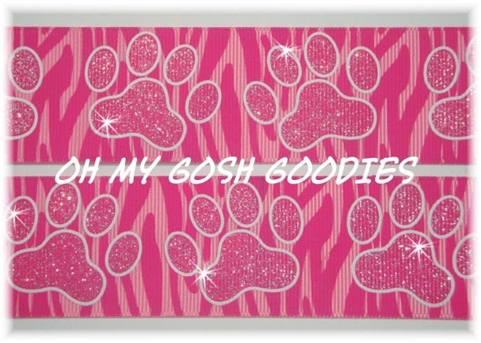 PAWPRINT Hot PINK GLITTER Zebra grosgrain ribbon - 1.5" -  5 Yards - Oh My Gosh Goodies Ribbon