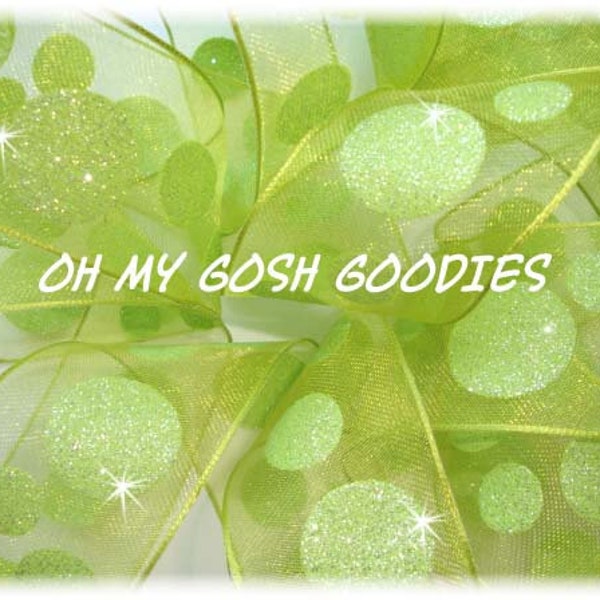 One Left - 25  YARD ROLL SALE Sheer Lime Glitter Dots Wired - 1.5" - Oh My Gosh Goodies Ribbon