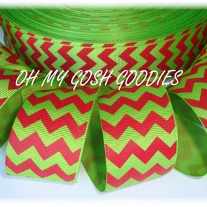 5 Yard or 25 Yard Roll Sale - LIME RED CHEVRON Christmas Grosgrain Ribbon  2 1/4&quot; - Oh My Gosh Goodies Ribbon