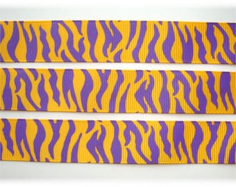 5  Yards or 25 Yard Roll Sale - GOLD PURPLE ZEBRA Cheer Team grosgrain ribbon - 7/8&quot; - Oh My Gosh Goodies Ribbon