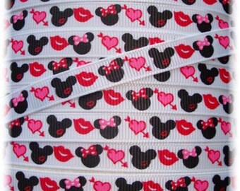 5 Yard or 25 Yard Roll Sale - SWAK MINNIE MOUSE Valentine grosgrain ribbon - 3/8" width - Oh My Gosh Goodies Ribbon