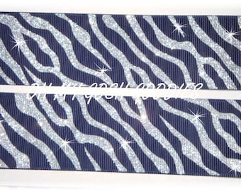 NAVY SILVER ZEBRA glitter grosgrain ribbon -  2 1/4&quot;, 3&quot;  -  5 Yards - Oh My Gosh Goodies Ribbon