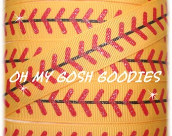 Last 1 - RED GLITTER Stitch Softball Baseball Yellow grosgrain ribbon  -  1.5&quot; - 7 1/3 REMNANT Yards - Oh My Gosh Goodies Ribbon