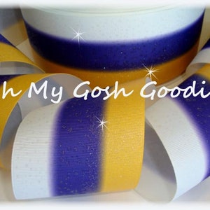 Cinta de grogrén con purpurina, triple raya, morado, amarillo, dorado y blanco degradado - 7,6 cm de ancho - 4,5 m - Oh My Gosh Goodies