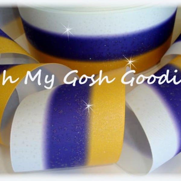 TRIPLE STRIPE GLITTER Purple Yellow Gold White Ombre Cheer Grosgrain Ribbon - 3" Width - 5 Yards - Oh My Gosh Goodies