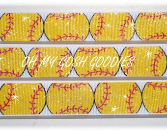 GLITTER YELLOW SOFTBALL grosgrain ribbon  - 7/8&quot;, 1.5&quot;, 2 1/4&quot;, 3&quot;  - 5 Yards - Oh My Gosh Goodies Ribbon