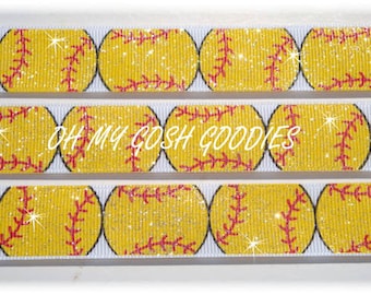 GLITTER YELLOW SOFTBALL grosgrain ribbon  - 7/8", 1.5", 2 1/4", 3"  - 5 Yards - Oh My Gosh Goodies Ribbon