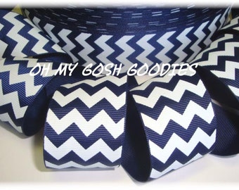 DARK NAVY WHITE Chevron grosgrain ribbon - 3&quot; widths - 5 Yards - Oh My Gosh Goodies Ribbon