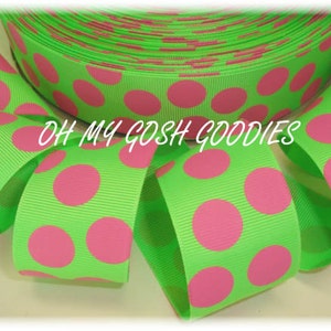 5 Yds or 25 Yds - LIME PINK JUMBO Dots Grosgrain Ribbon 1.5" - Oh My Gosh Goodies Ribbon