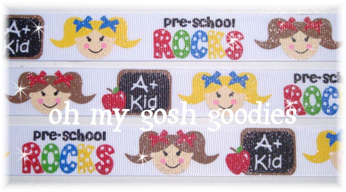 5 Yards or 25 Yard Roll Sale - PRESCHOOL ROCKS GLITTER Grosgrain Ribbon 7/8" and 1.5" Oh My Gosh Goodies Ribbon