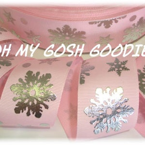 Christmas SILVER BLING SNOWFLAKES Pink Grosgrain Ribbon - 7/8