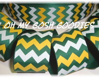 CHEER TEAM CHEVRON Forest Gold White Grosgrain Ribbon 1.5&quot;- 5 Yards - Oh My Gosh Goodies Ribbon