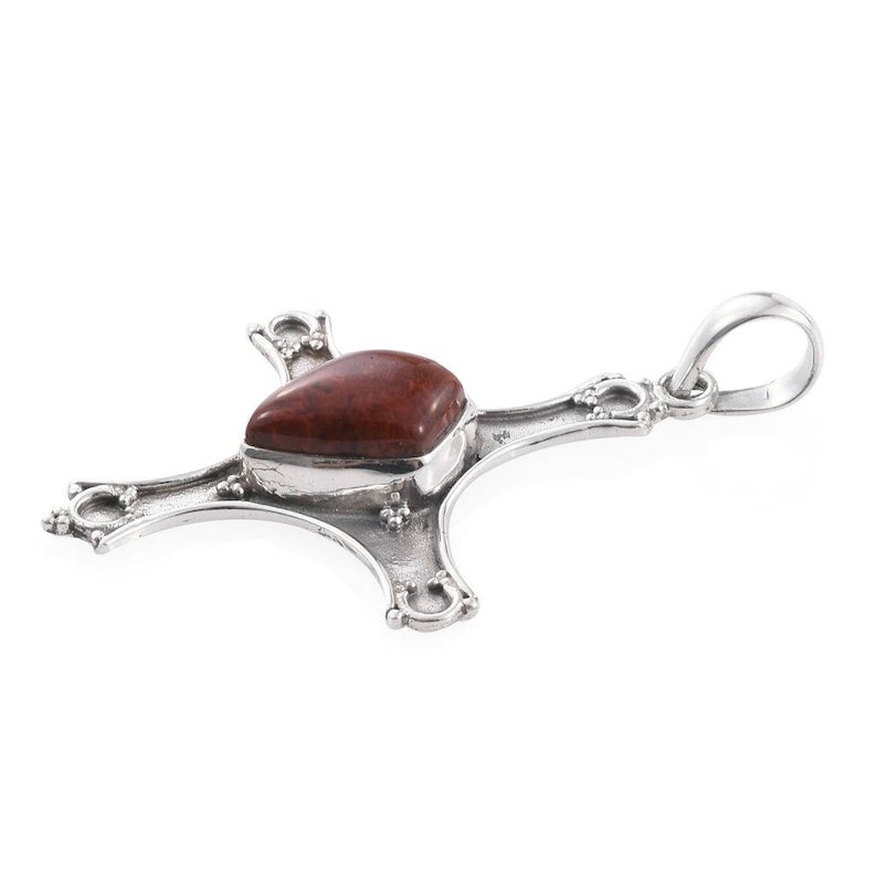 Cross Pendant Red Lightning Jasper Fancy Cut Cabochon in Sterling Silver Without Chain TGW 5.00 Cts.