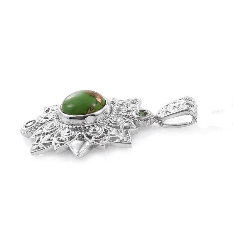 Mojave Green Turquoise 10mm Cabochon CZ Simulated Green Diamonds Platinum Bonded Brass Pendant without Chain TGW 4.50 Cts.