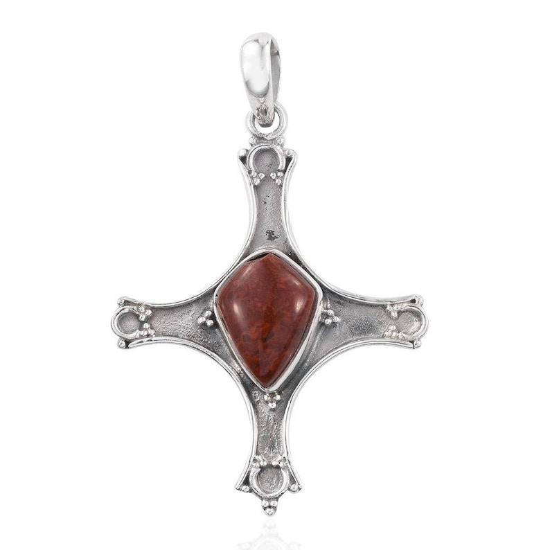 Cross Pendant Red Lightning Jasper Fancy Cut Cabochon in Sterling Silver Without Chain TGW 5.00 Cts.