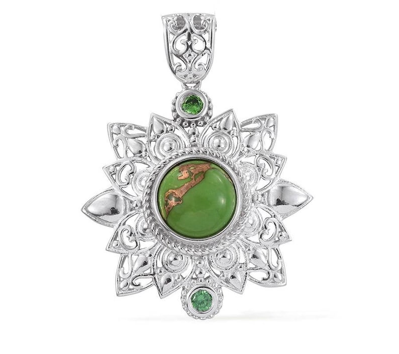 Mojave Green Turquoise 10mm Cabochon CZ Simulated Green Diamonds Platinum Bonded Brass Pendant without Chain TGW 4.50 Cts.