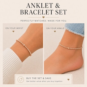 May include: A gold-coloured beaded anklet and bracelet set. The image shows the bracelet on a wrist and the anklet on an ankle. Text reads "ANKLET & BRACELET SET" and "BUY THE SET & SAVE".