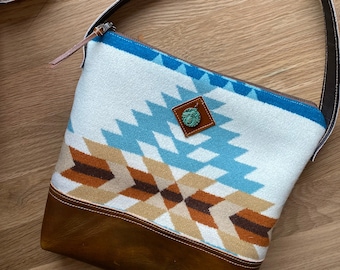 Wool and Leather crossbody purse - with turquoise bee pendant