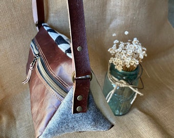 Leather and Wool triangle crossbody purse