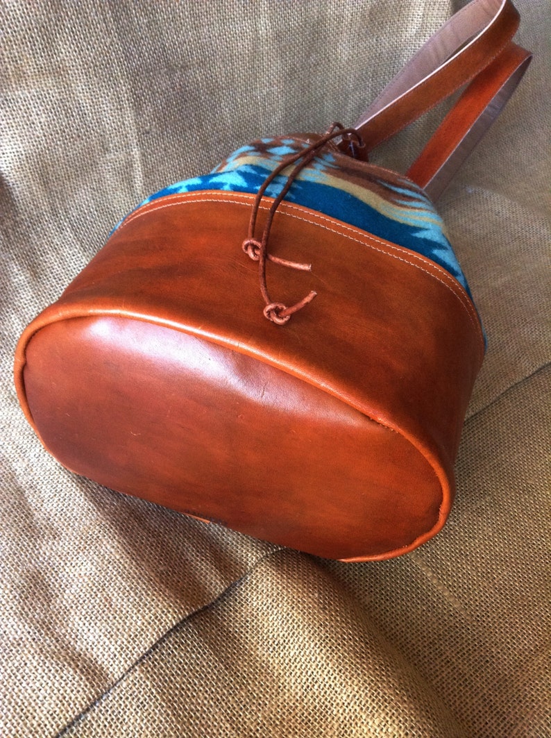 bucket bag Rancho Arroyo Aqua wool with rust-brown leather Leather and Wool Knapsack