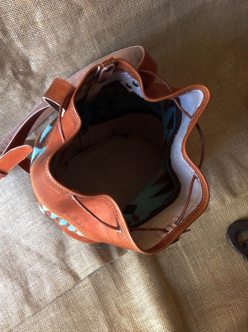 bucket bag Rancho Arroyo Aqua wool with rust-brown leather Leather and Wool Knapsack