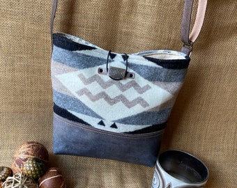 Leather and Wool crossbody purse - with Diamond Ridge wool and silver Aztec button closure