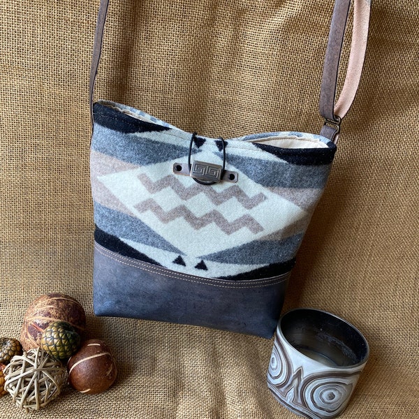 Leather and Wool crossbody purse - with Diamond Ridge wool and silver Aztec button closure