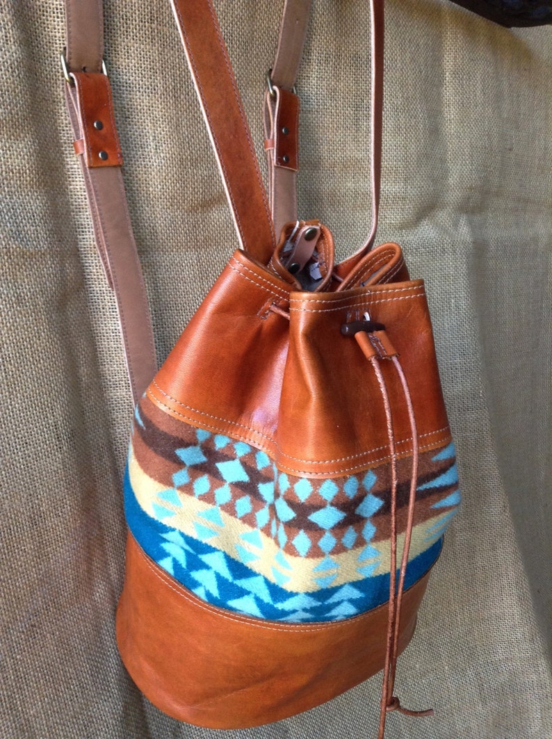 bucket bag Rancho Arroyo Aqua wool with rust-brown leather Leather and Wool Knapsack