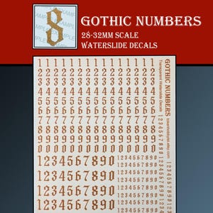 May include: Waterslide decals featuring Gothic numbers in a variety of sizes. The decals are designed for 28-32mm scale models. The numbers are in a classic font and are ideal for adding detail to miniatures.