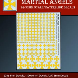 May include: A sheet of waterslide decals featuring yellow Templar crosses in various sizes. The sheet includes 28 3mm decals, 120 6mm decals, 27 8mm decals, 7 12mm decals, and 6 15mm decals. The decals are designed for 28-32mm scale models.