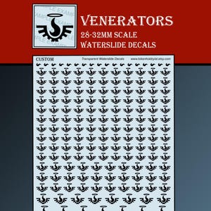 May include: Waterslide decals for miniatures, featuring a repeating pattern of a winged gear with a halo. The decals are labelled "Venerators" and are designed for 28-32mm scale models. The background is light blue.