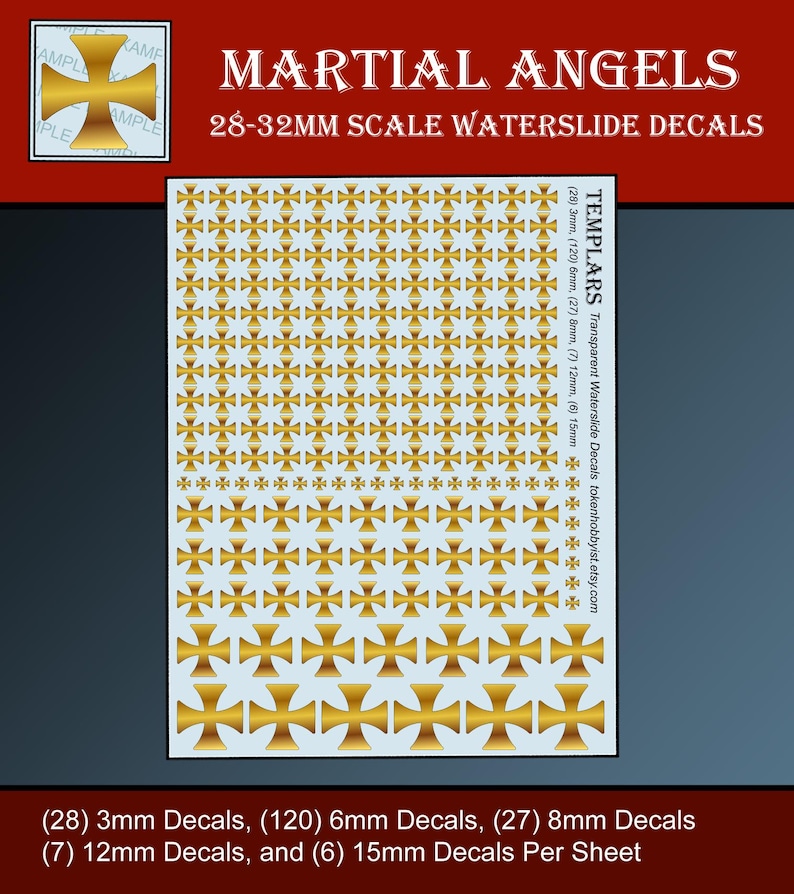 May include: A sheet of waterslide decals featuring gold Templar crosses in various sizes. The sheet includes 28 3mm decals, 120 6mm decals, 27 8mm decals, 7 12mm decals, and 6 15mm decals. The decals are designed for 28-32mm scale models.