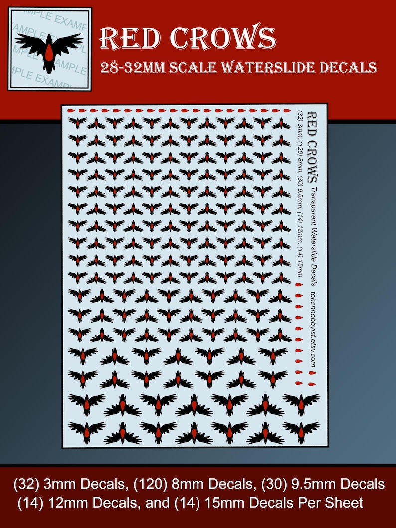 May include: Sheet of waterslide decals featuring black crow silhouettes with red accents. Text reads "RED CROWS" and "28-32MM SCALE WATERSLIDE DECALS". Includes various sizes of decals, from 3mm to 15mm.