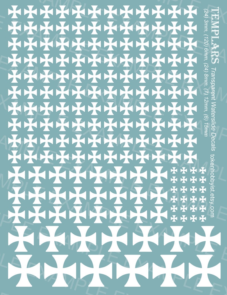 May include: A sheet of waterslide decals featuring white Templar crosses in various sizes, ranging from 3 mm to 15 mm. The decals are printed on a transparent sheet and are ideal for model making and crafts.