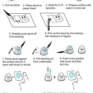 May include: A step-by-step guide on how to apply a decal. The guide shows a smiling face decal being applied to a surface. The steps include cutting out the decal, soaking it in water, placing it on the surface, and smoothing out any air bubbles.