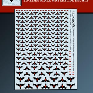 May include: Sheet of waterslide decals featuring black crow silhouettes with red accents. Text reads "RED CROWS" and "28-32MM SCALE WATERSLIDE DECALS." Includes various sizes: (32) 3mm, (120) 8mm, (30) 9.5mm, (14) 12mm, and (14) 15mm decals.
