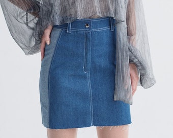 Two-colored denim mini skirt High waist short skirt Jeans skirt Designer denim skirt Short streetsyle denim skirt Ukrainian brand