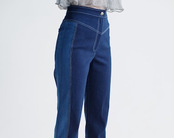 Two-tone jeans High-rise straight-leg denim pants Designer's jeans Designer trendy jeans