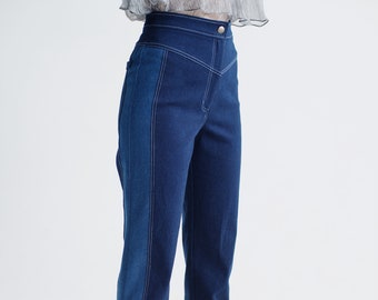 Two-tone jeans High-rise straight-leg denim pants Designer's jeans Designer trendy jeans