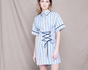 Striped 100% cotton shirt dress with lacing Designer's dress Casual short dress High quality women's clothing Blue shirt dress