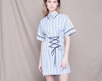 Striped 100% cotton shirt dress with lacing Designer's dress Casual short dress High quality women's clothing Blue shirt dress