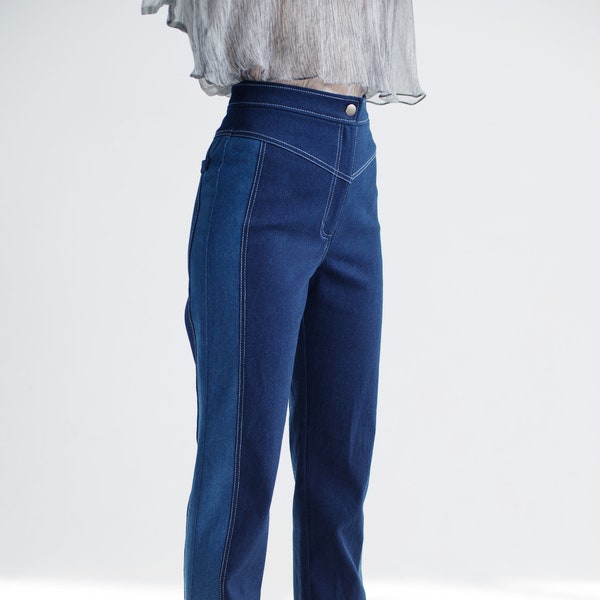 Two-tone jeans High-rise straight-leg denim pants Designer's jeans Designer trendy jeans